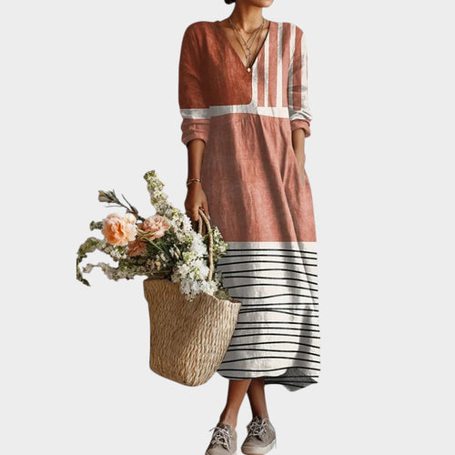 Women’s Colour Block Midi Dress with V-Neck and Long Sleeves