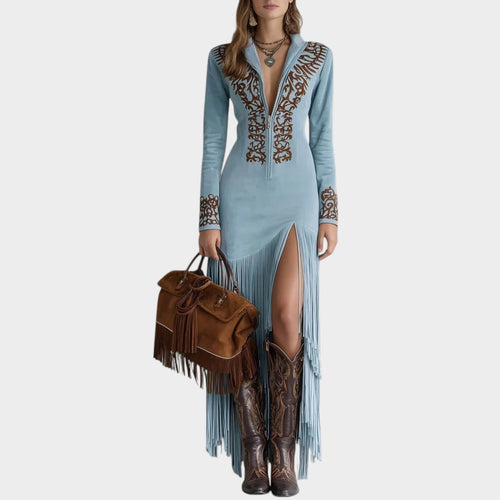 Women’s Western Maxi Dress with Embroidered Neckline and Side Slit