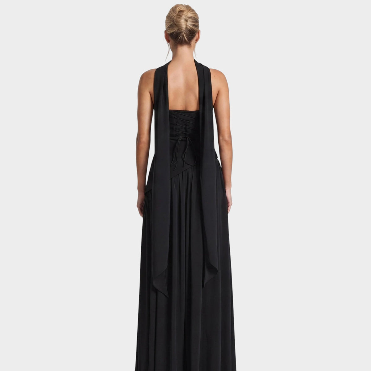 Women’s Strapless Maxi Dress with Draped Scarf Detail and High Slit
