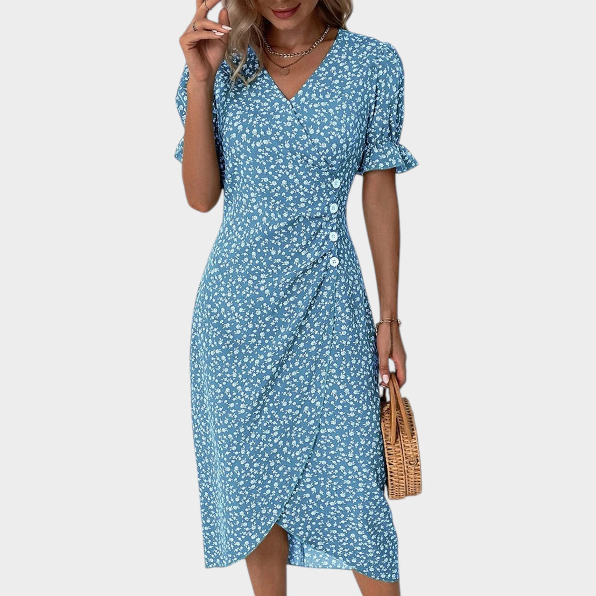 Women’s Floral Midi Dress V-Neck Short Ruffle Sleeves Wrap Front