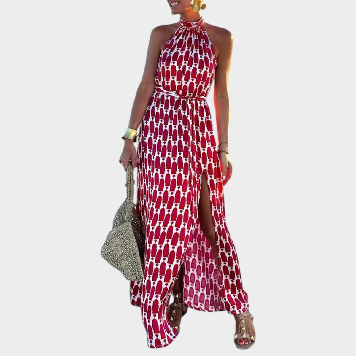 Women’s Halter Neck Maxi Dress with Geometric Print, Waist Tie and Side Slit
