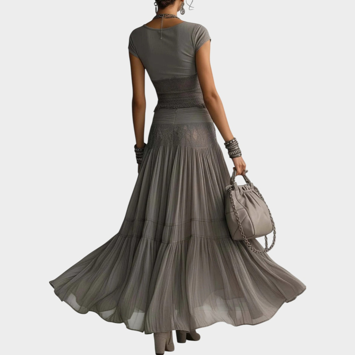 Women’s Lace Panel Top and Pleated Maxi Skirt Two-Piece Set