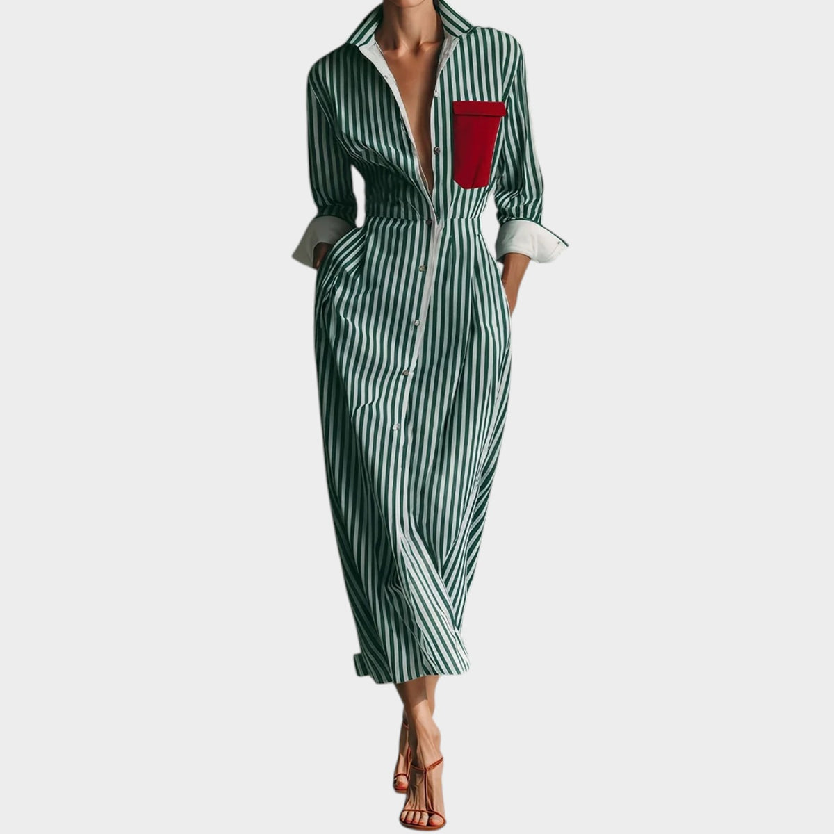 Women’s Striped Shirt Maxi Dress with Button Front and Contrast Chest Pocket