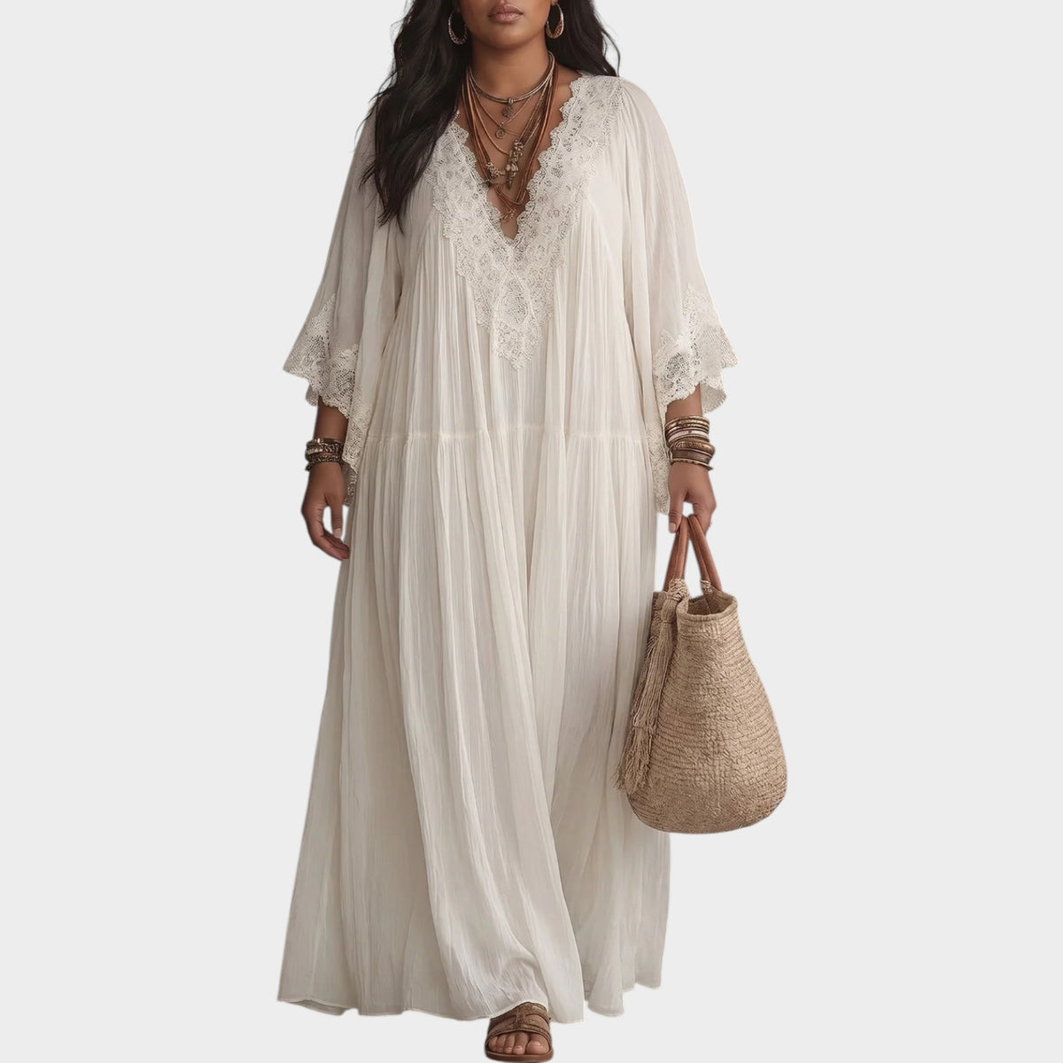 Women’s Lace Trim Maxi Dress with Deep V-Neck and Batwing Sleeves