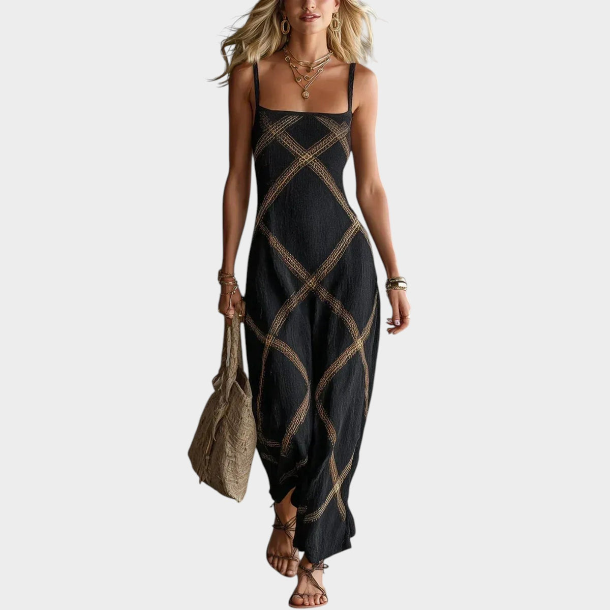 Women’s Geometric Print Maxi Dress with Square Neckline