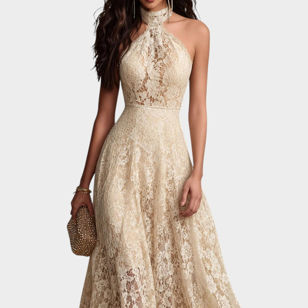 Women’s Ivory Lace Maxi Dress with Halter Neckline and Scalloped Hem