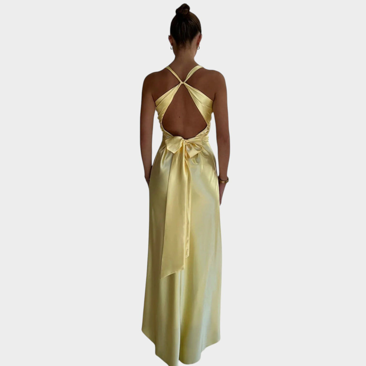 Women’s Satin Maxi Dress with Twisted Front and Open Back