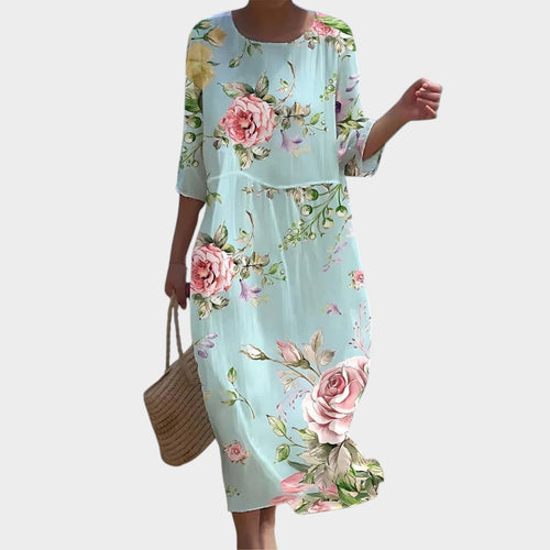 Women’s Floral Midi Dress Round Neck Three-Quarter Sleeves