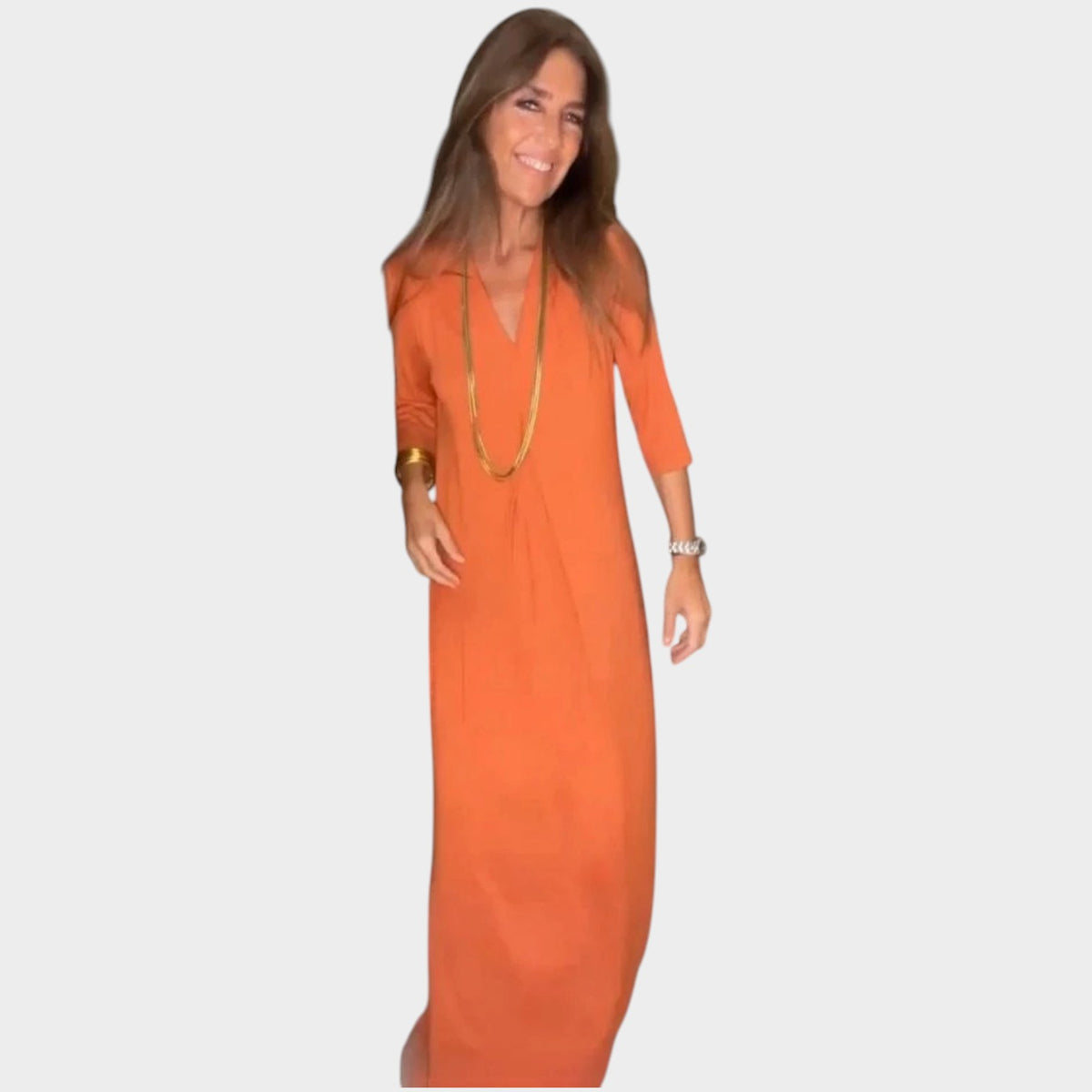 Women’s V-Neck Maxi Dress with Three-Quarter Sleeves and Relaxed Fit