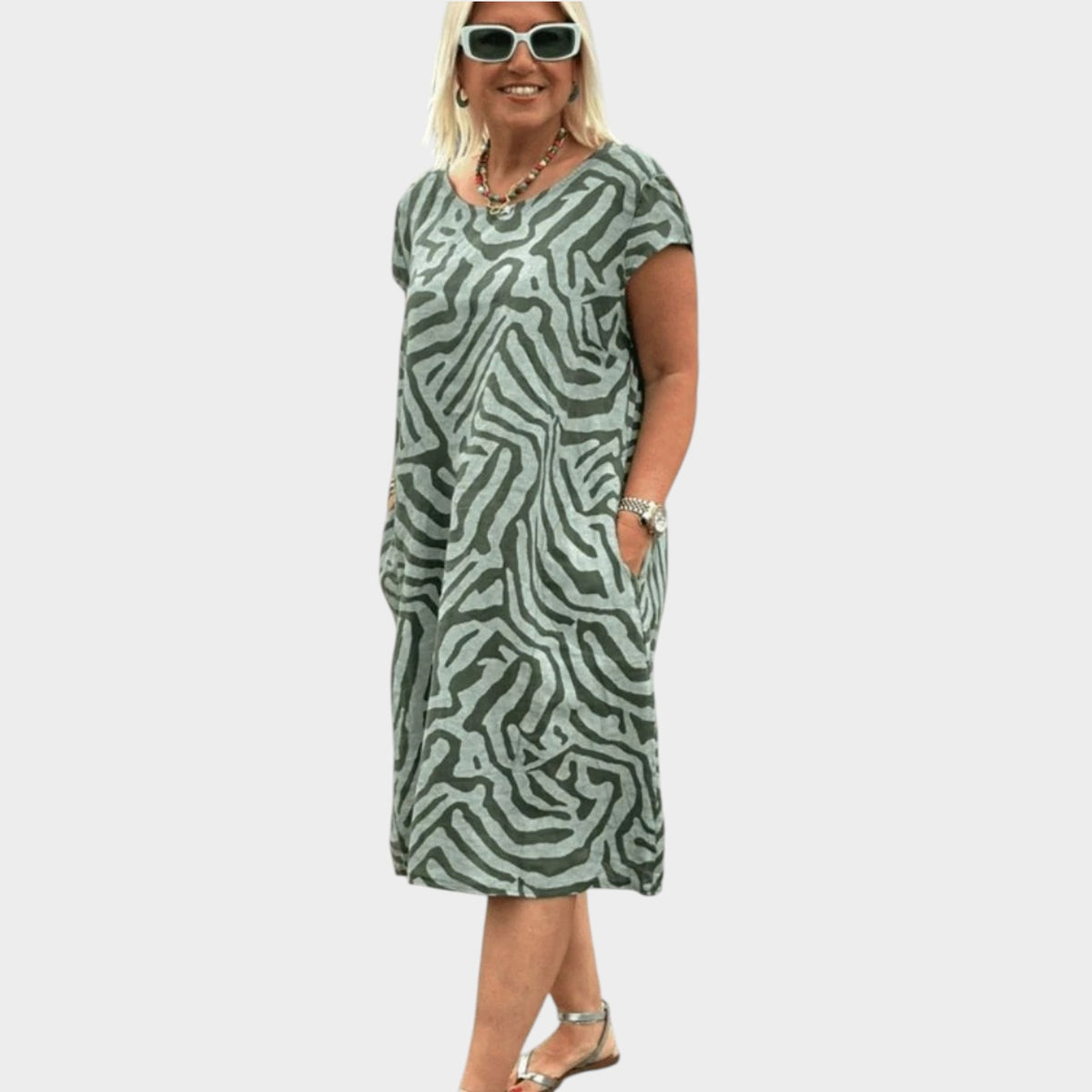 Women’s Abstract Print Midi Dress with Round Neck and Side Pockets