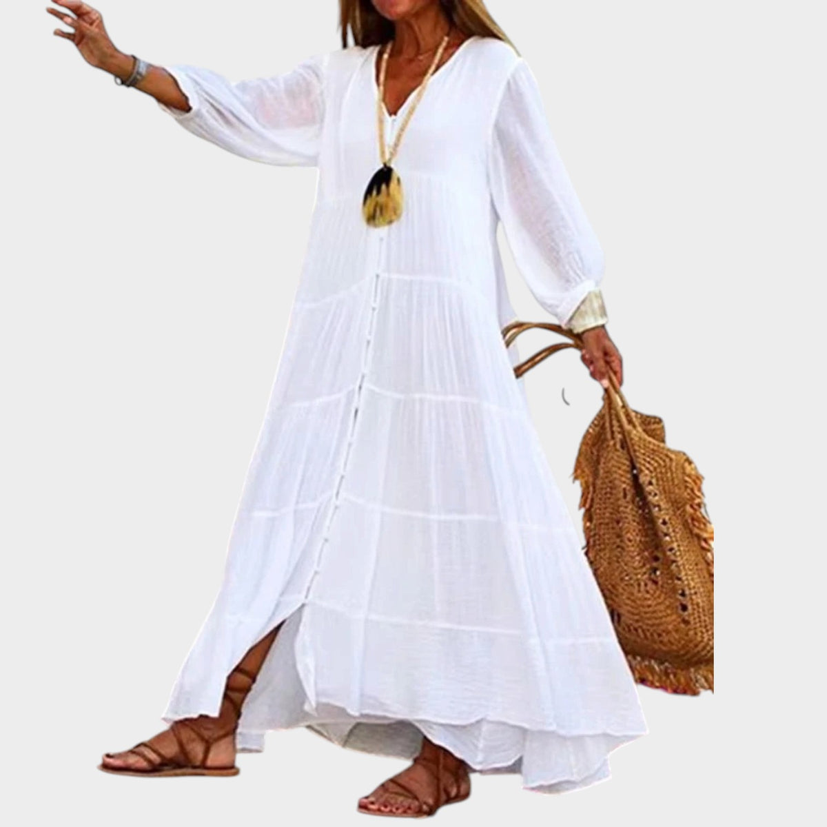 Women’s Boho Maxi Dress with V-Neck, Long Sleeves and Tiered Skirt
