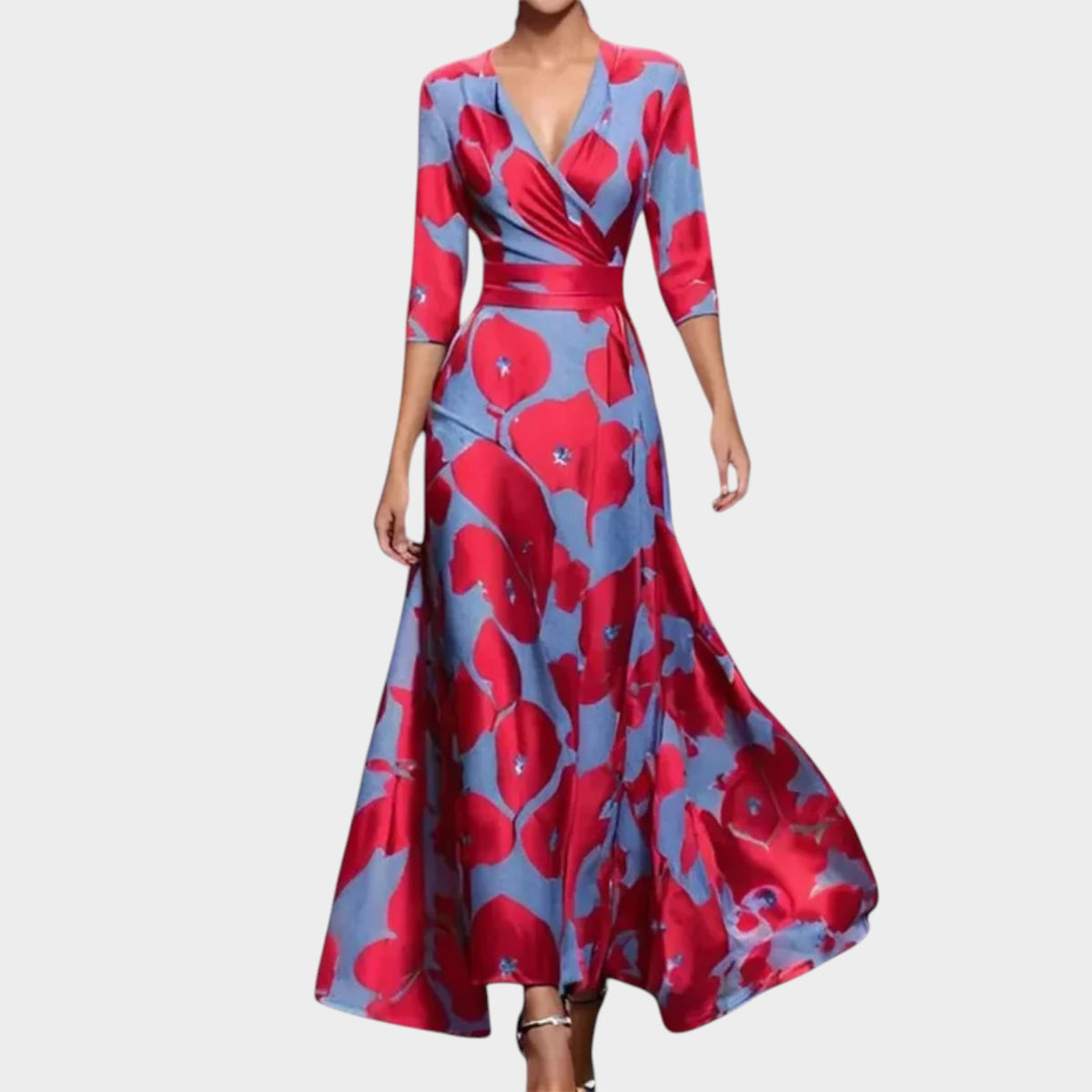 Women’s Floral Wrap Maxi Dress with V-Neck and Three-Quarter Sleeves