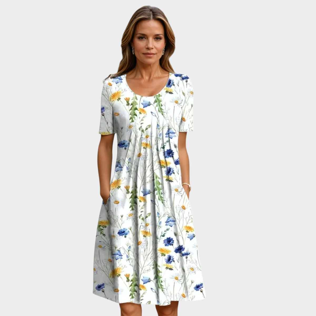 Women’s Floral Midi Dress with Round Neck and Short Sleeves