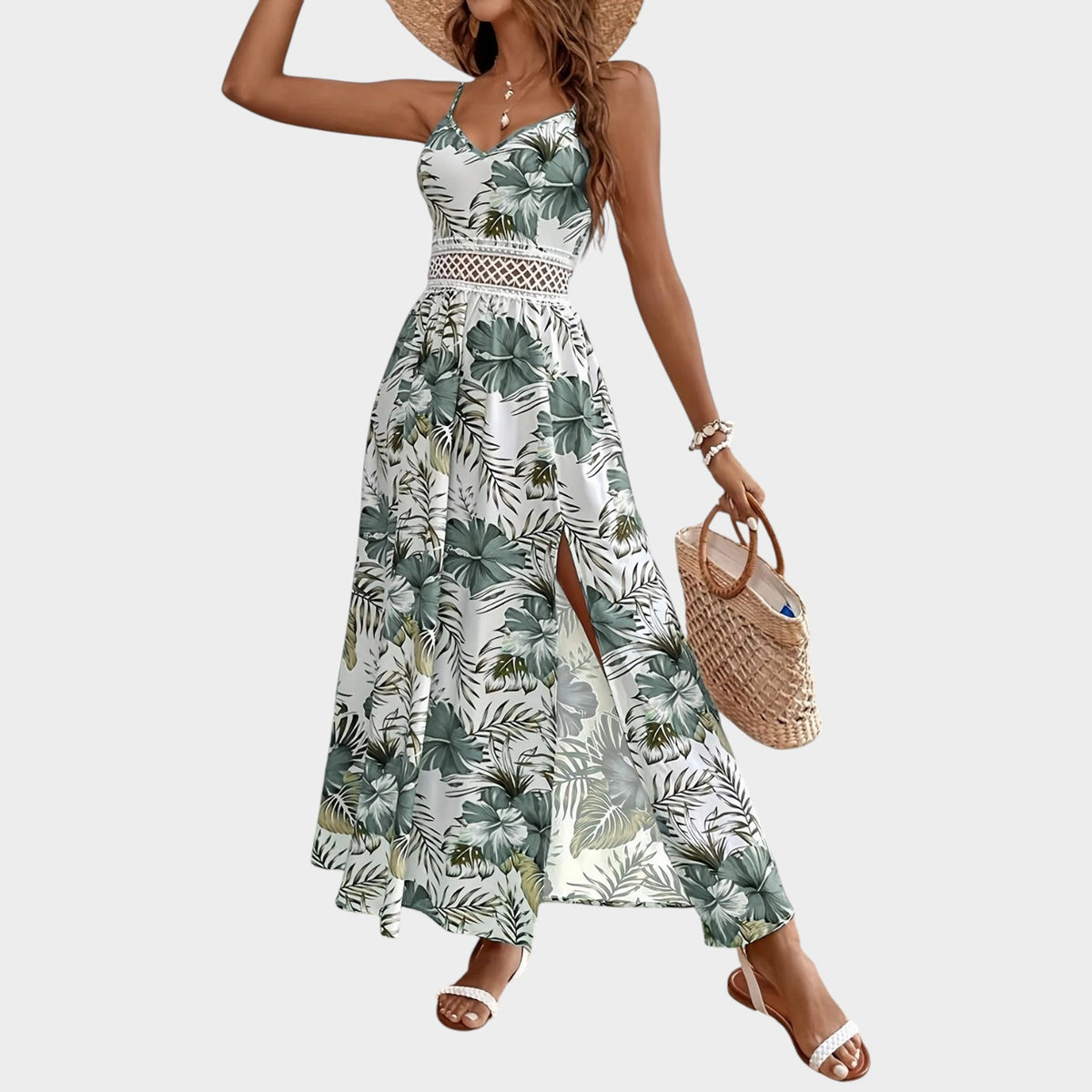 Women’s Floral Maxi Dress with Spaghetti Straps, Crochet Waist and Side Slit