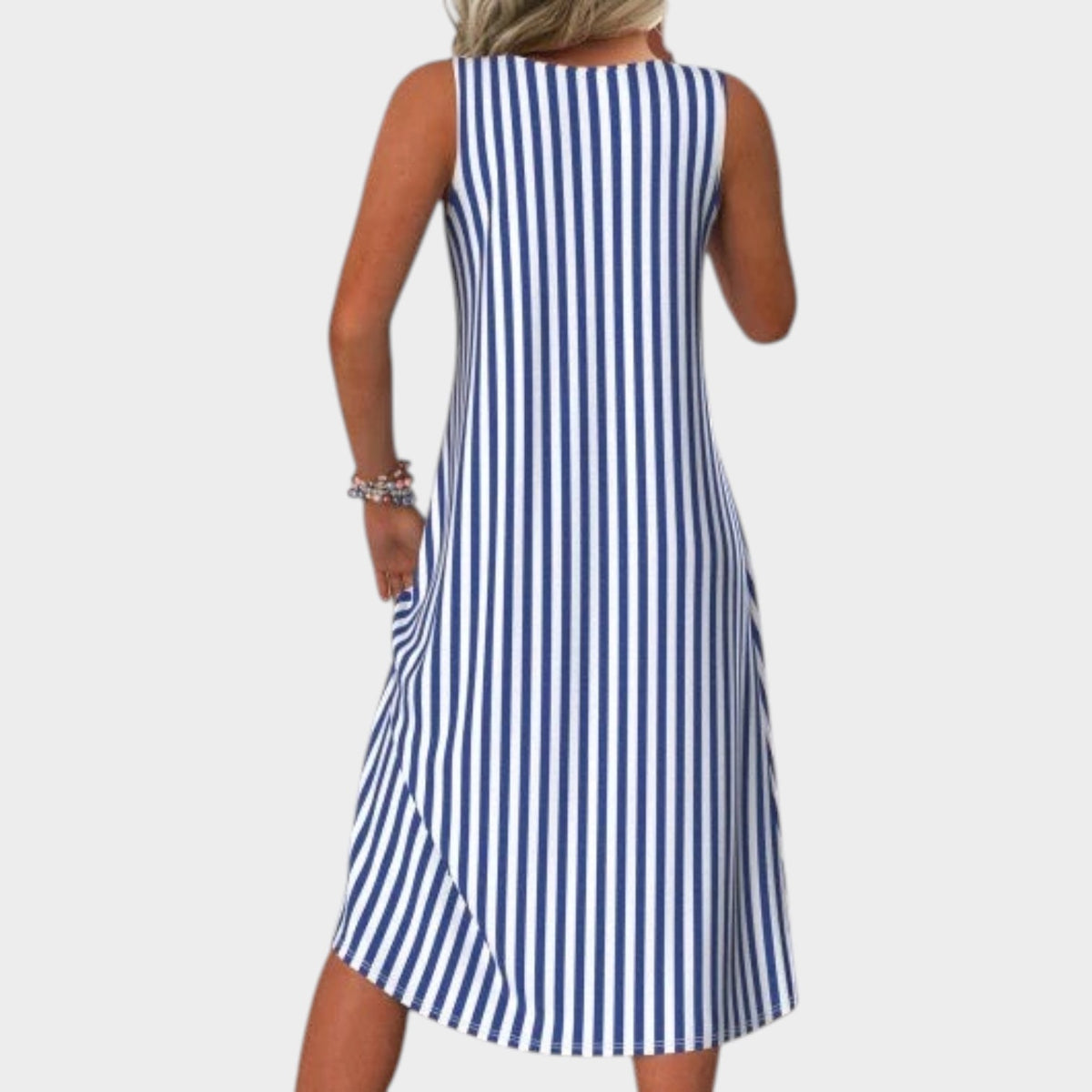 Women’s Striped Midi Dress Sleeveless Round Neck A-Line
