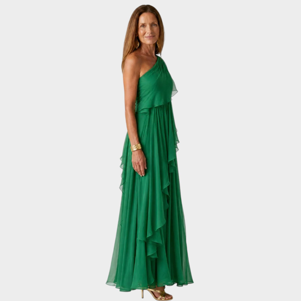 Women’s One-Shoulder Maxi Dress with Cascading Ruffles and Defined Waist