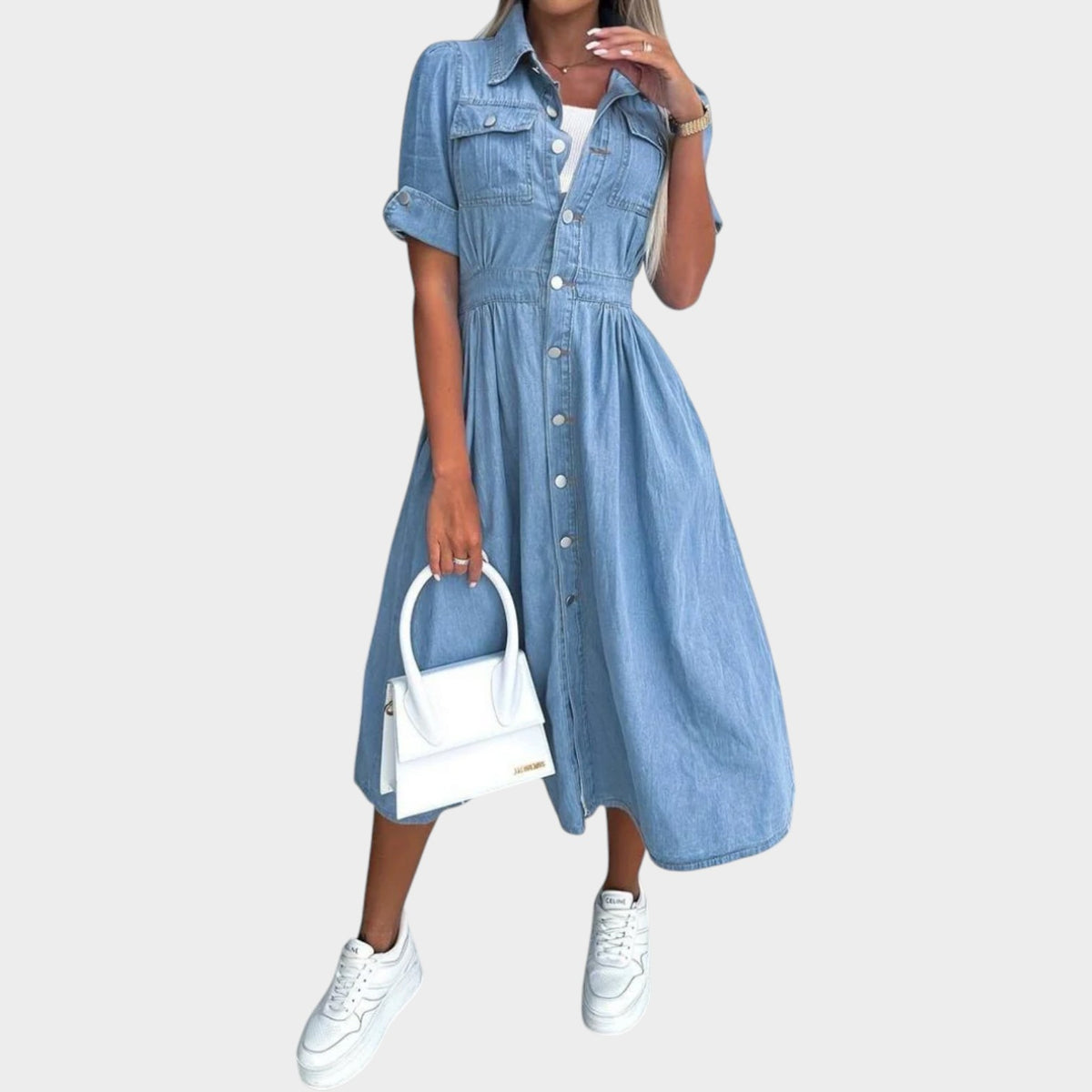 Women’s Denim Midi Dress with Button Front and Collared Design