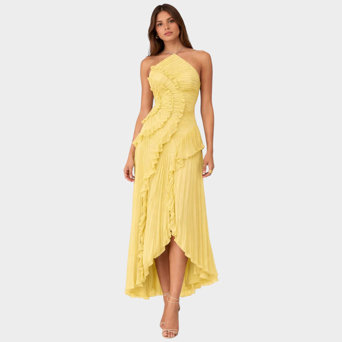 Women’s Halter Neck Midi Dress with Pleated Fabric, Cascading Ruffles and Asymmetric Hem