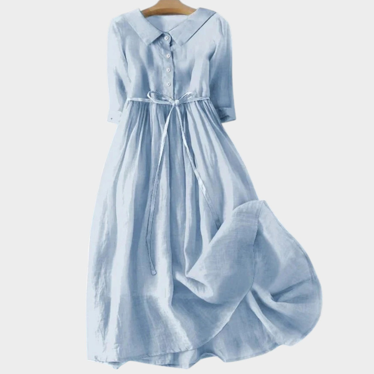Women’s Maxi Shirt Dress Collared Button Front Three-Quarter Sleeves Waist Tie