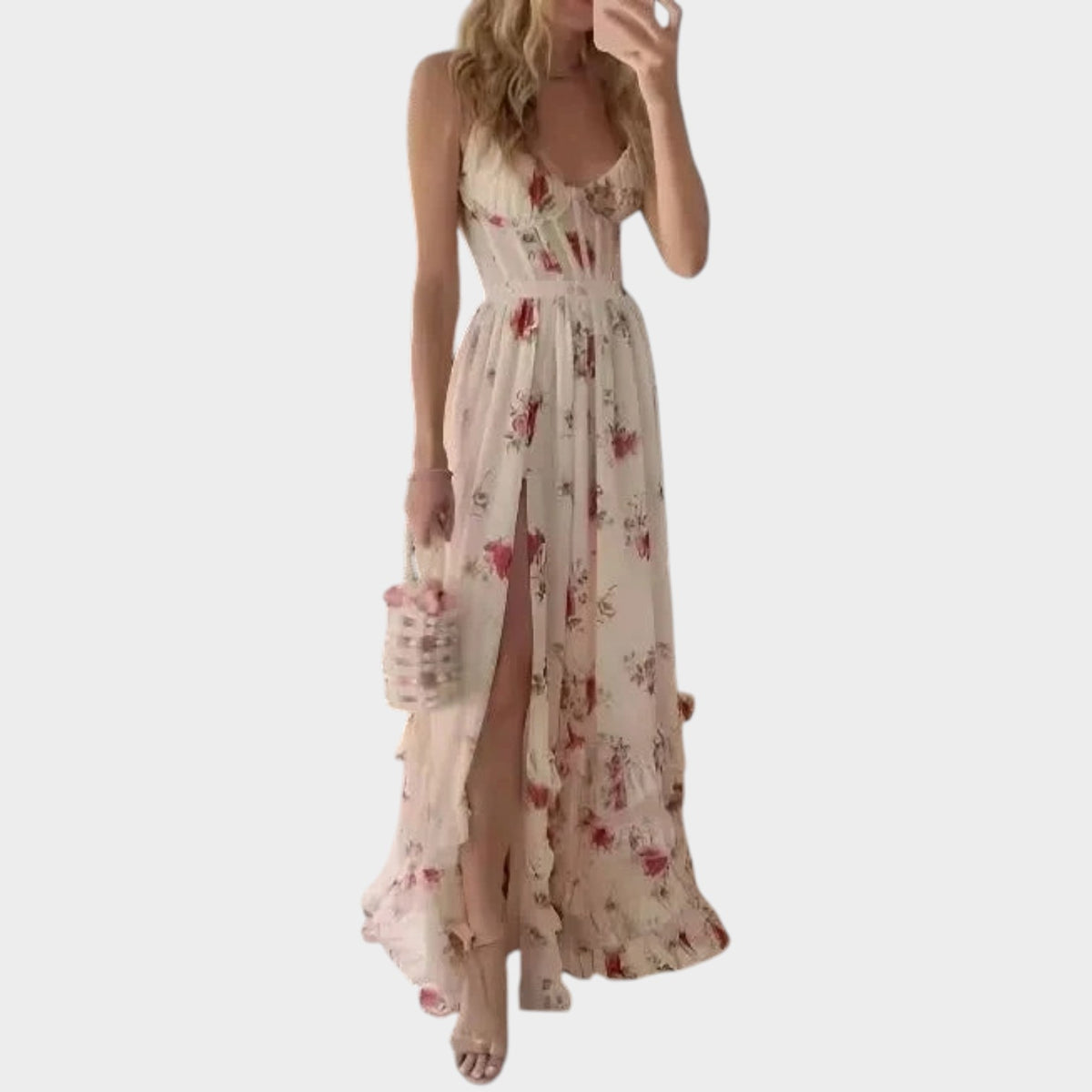 Women’s Floral Maxi Dress with Spaghetti Straps, Ruched Bodice and High Side Slit