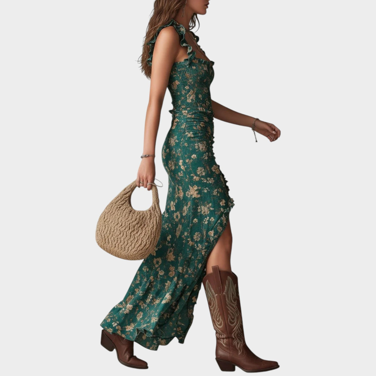 Women’s Boho Maxi Dress with Ruffle Straps, Floral Print and High Side Slit