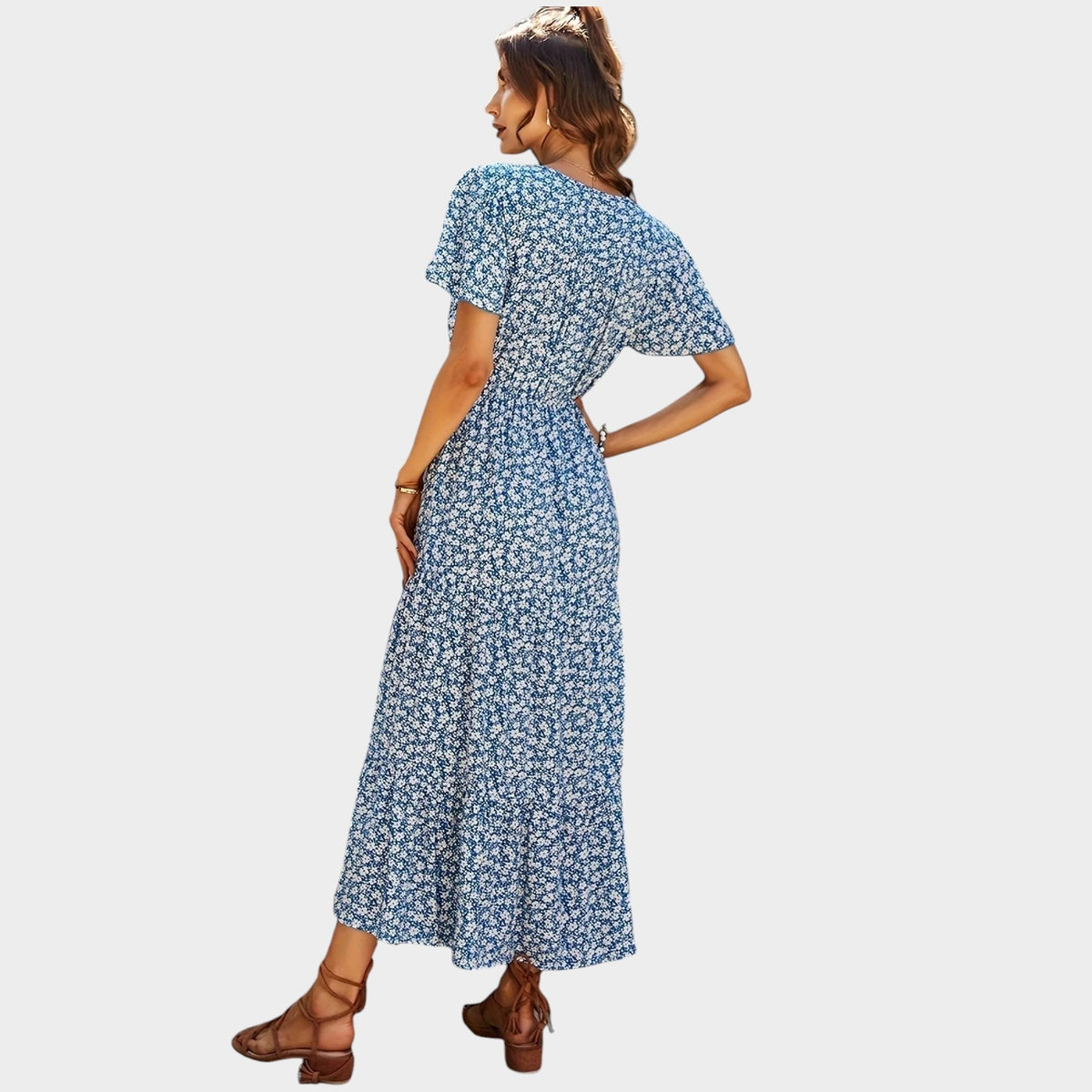 Women’s Floral Print Maxi Dress with V-Neckline, Short Sleeves and Button Front