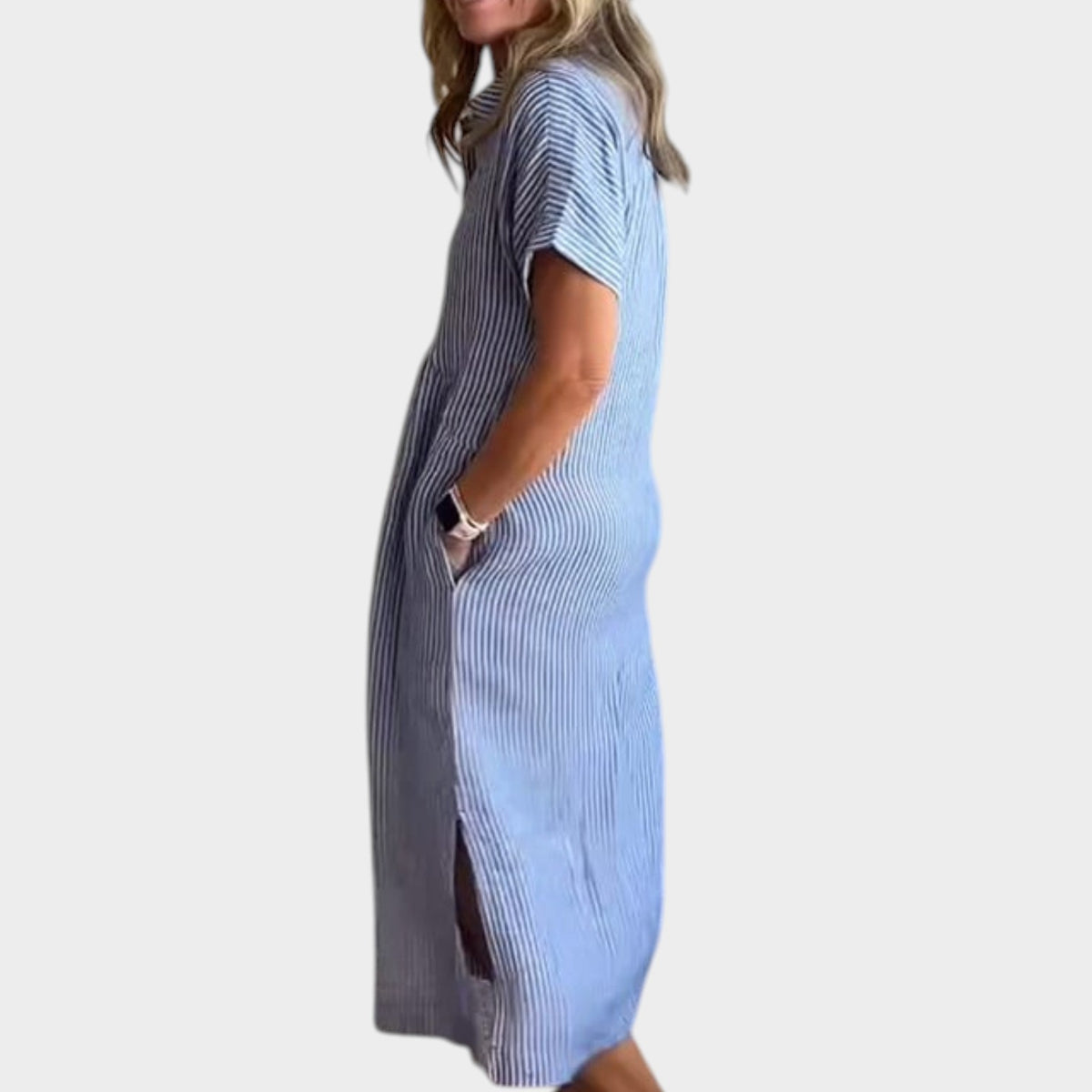 Women’s Striped Maxi Shirt Dress Lapel Collar Button Front