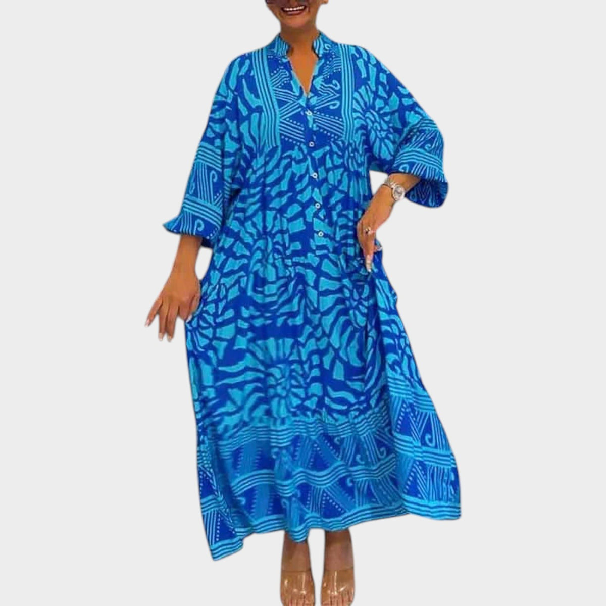 Women’s Floral Print Midi Dress with V-Neck and Long Sleeves