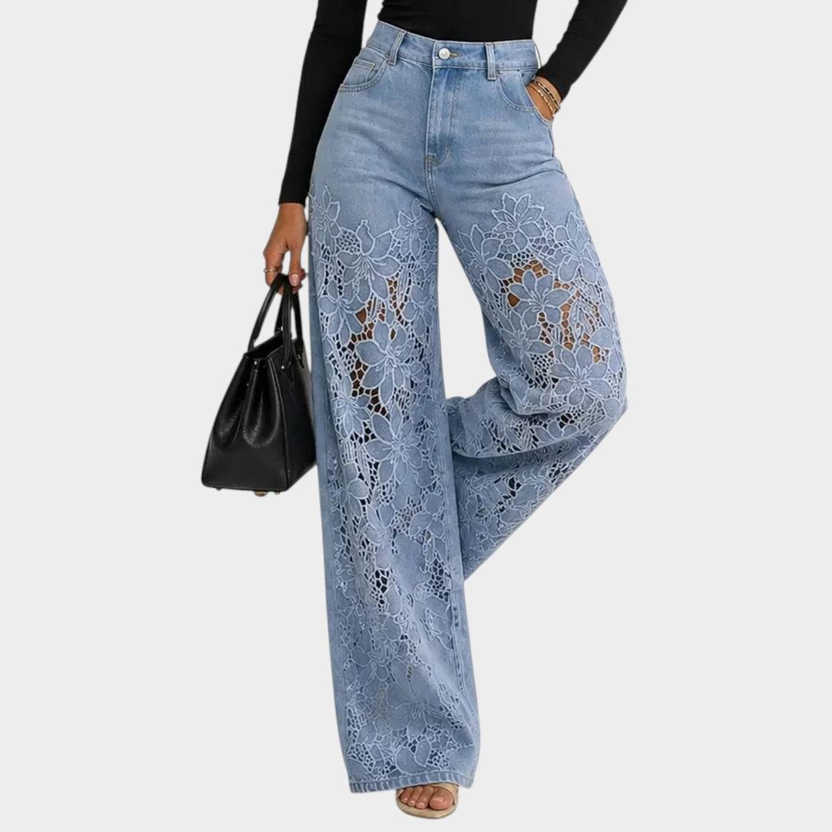 Women’s High-Waisted Wide-Leg Jeans with Floral Lace Panels