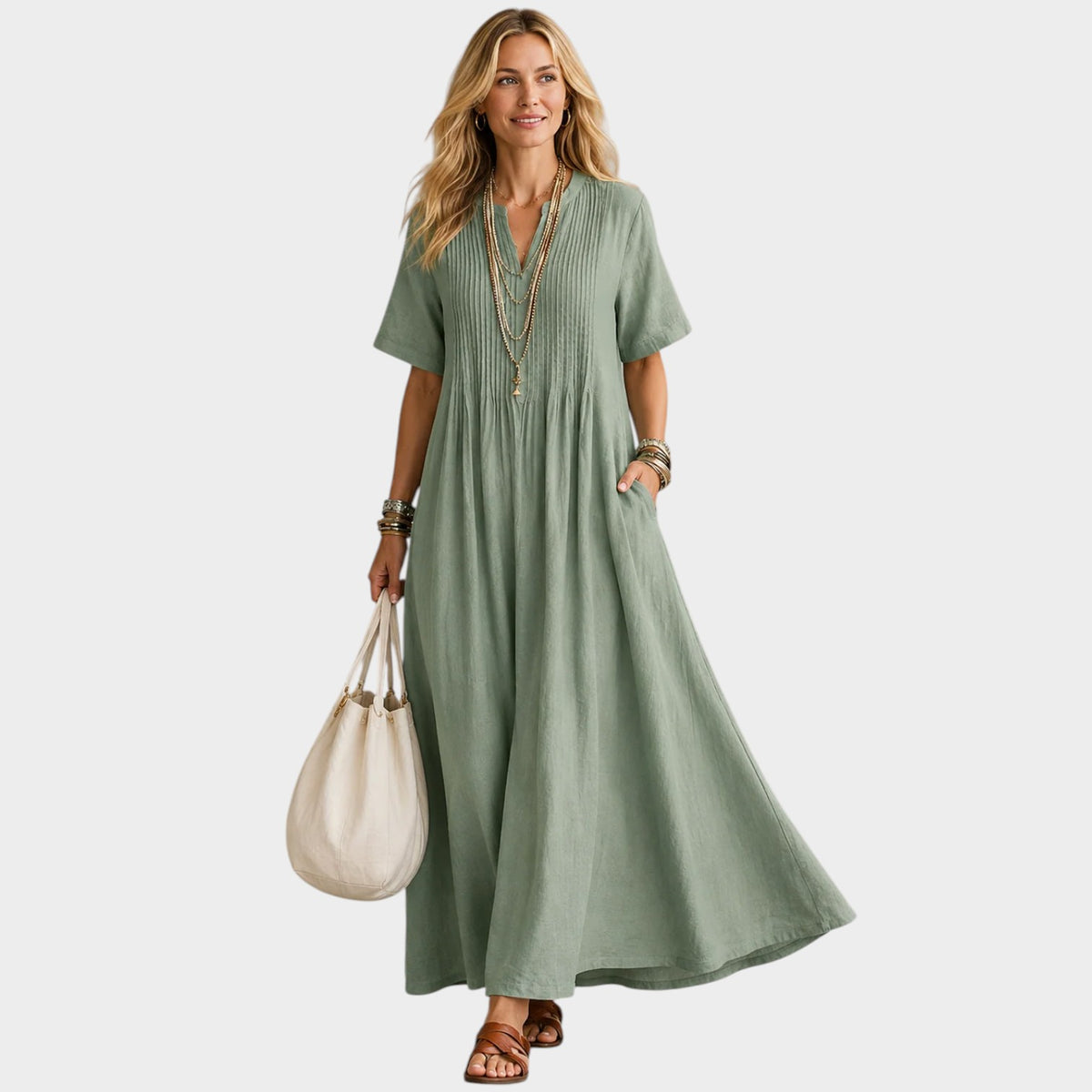 Women’s Pleated V-Neck Maxi Dress with Short Sleeves and Side Pockets