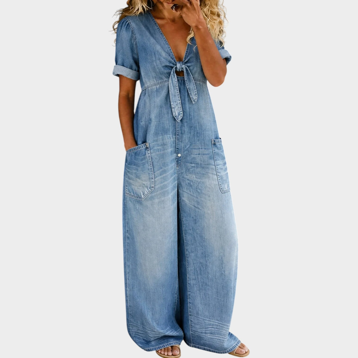 Women’s Denim V-Neck Jumpsuit with Short Sleeves and Wide Legs