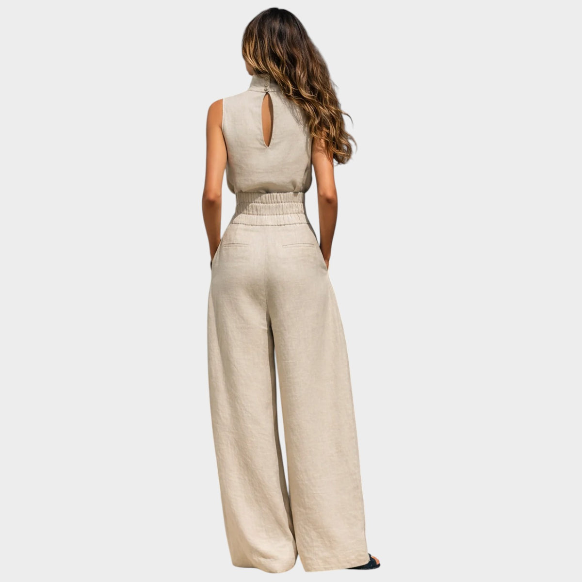 Women’s Two-Piece Linen-Cotton Set with Sleeveless Top and Wide-Leg Trousers