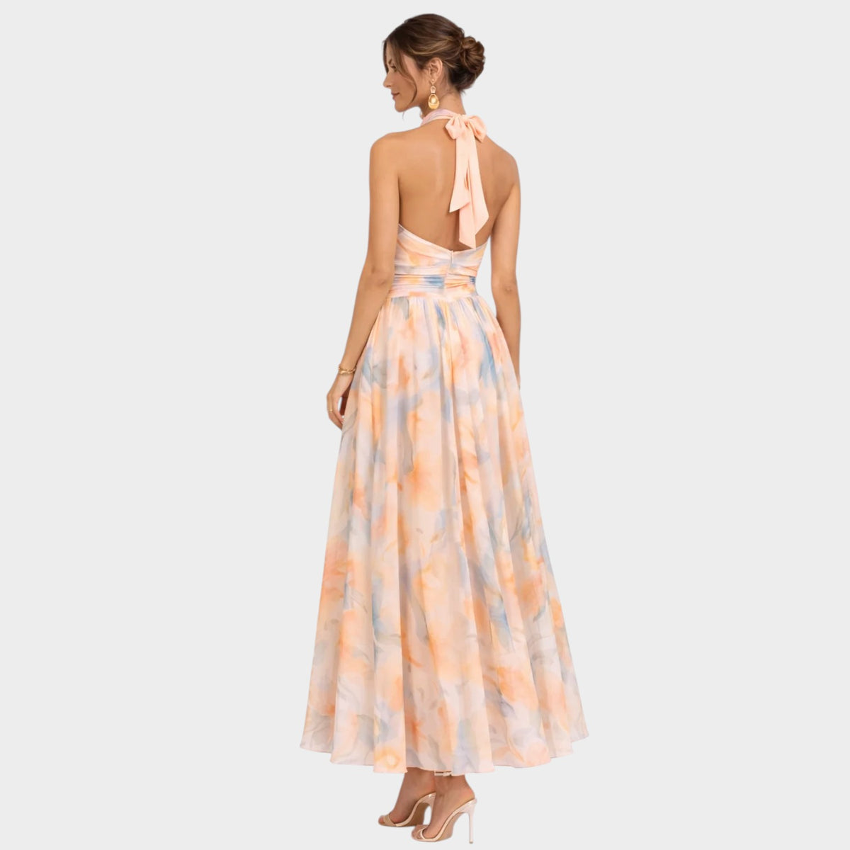 Women’s Watercolour Halter Midi Dress Defined Waist Flowing Skirt
