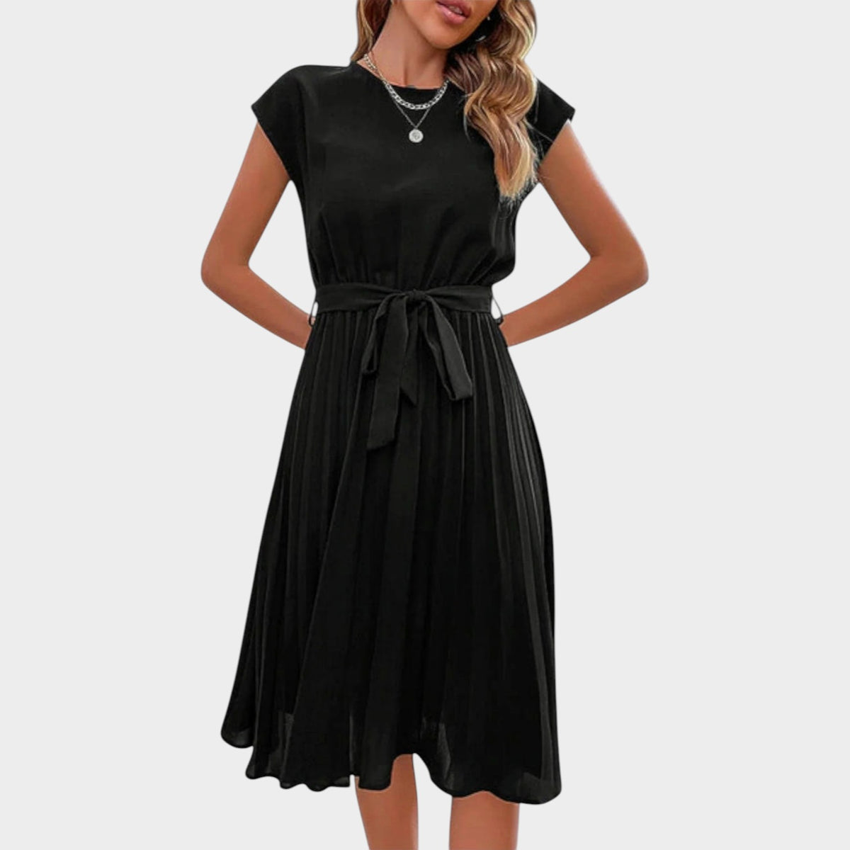 Women’s Pleated Midi Dress with Short Sleeves and Waist Tie