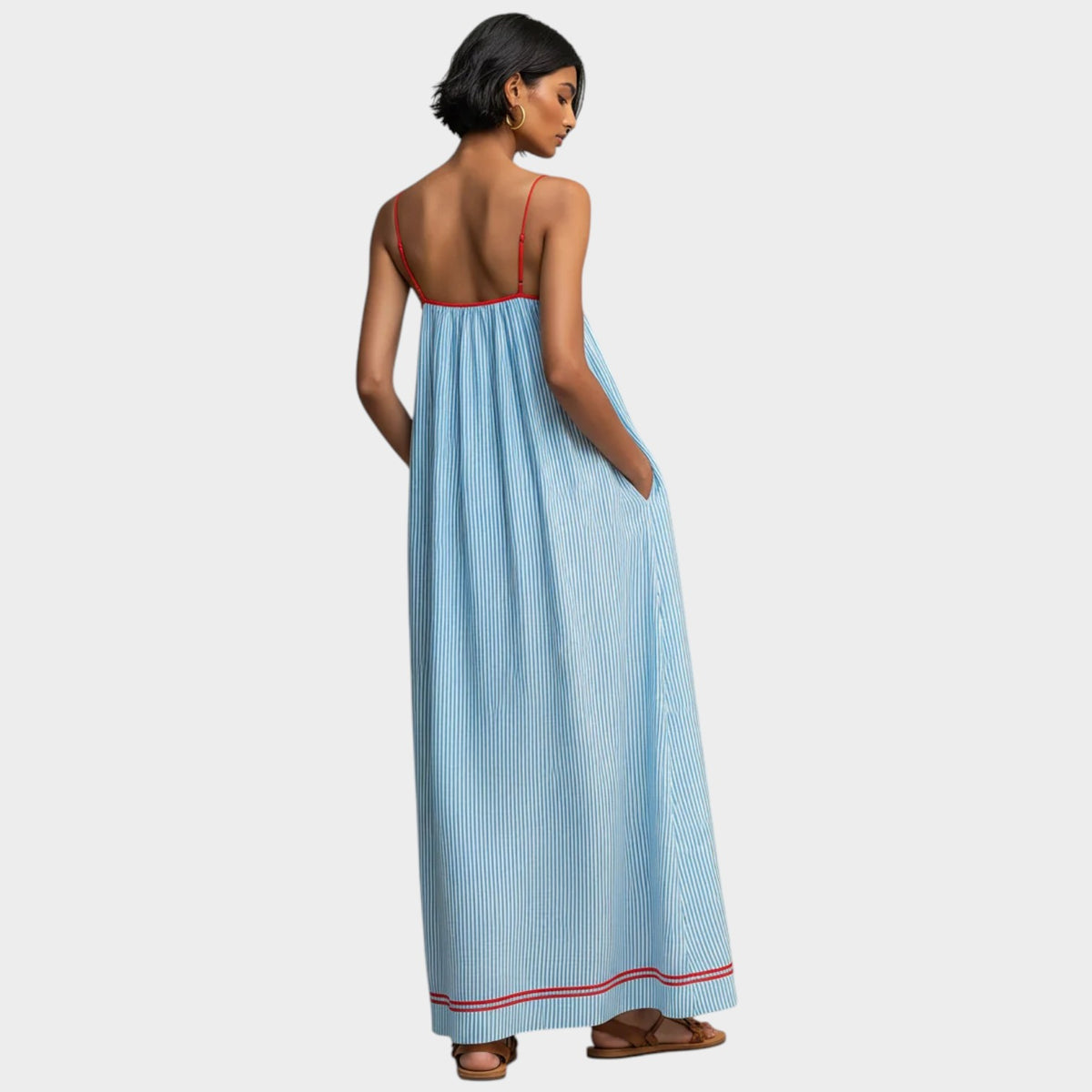 Women’s Striped Maxi Dress Spaghetti Straps Red Accent Detail