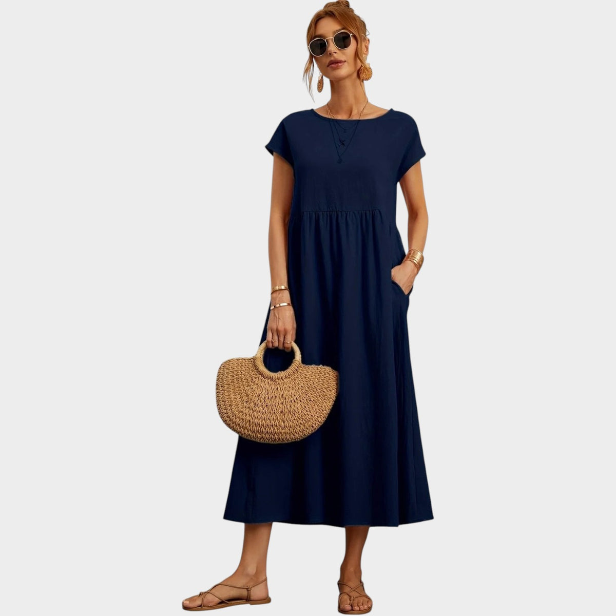 Women’s Round Neck Midi Dress with Short Sleeves and Side Pockets