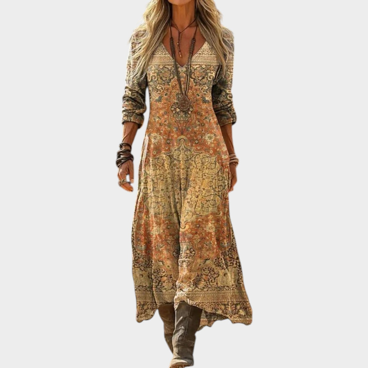 Women’s Vintage Print Midi Dress with Long Sleeves and V-Neck