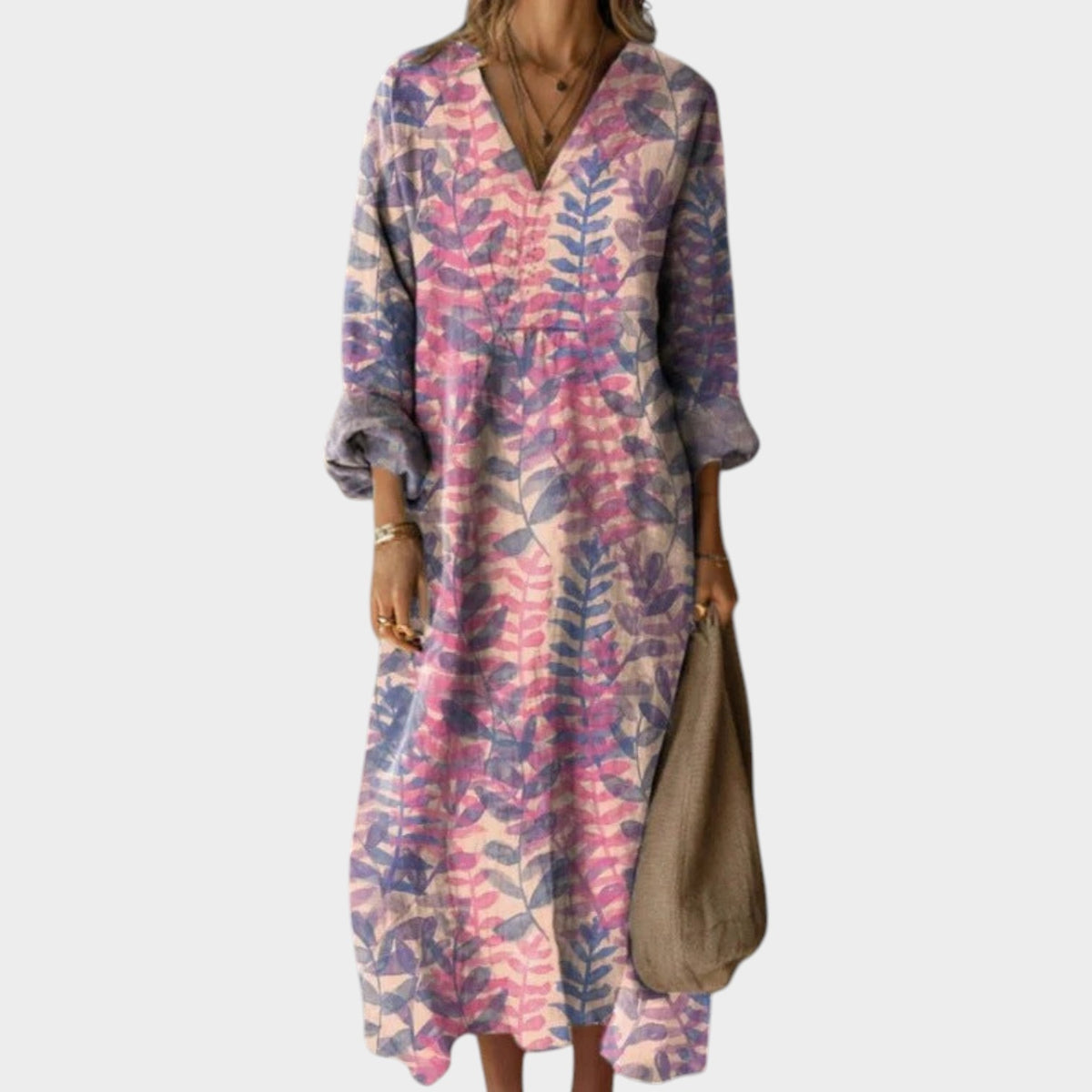 Women’s Boho Midi Dress with Long Sleeves, Vintage Print and Side Pockets