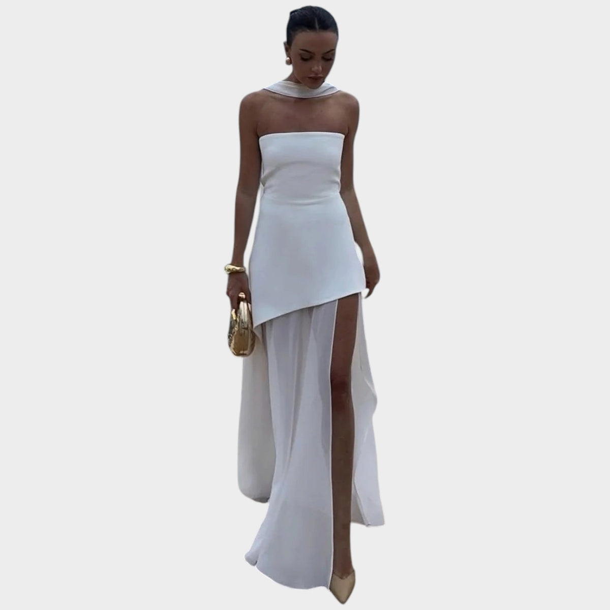 Women’s Strapless Mesh Maxi Dress with Asymmetric Hem