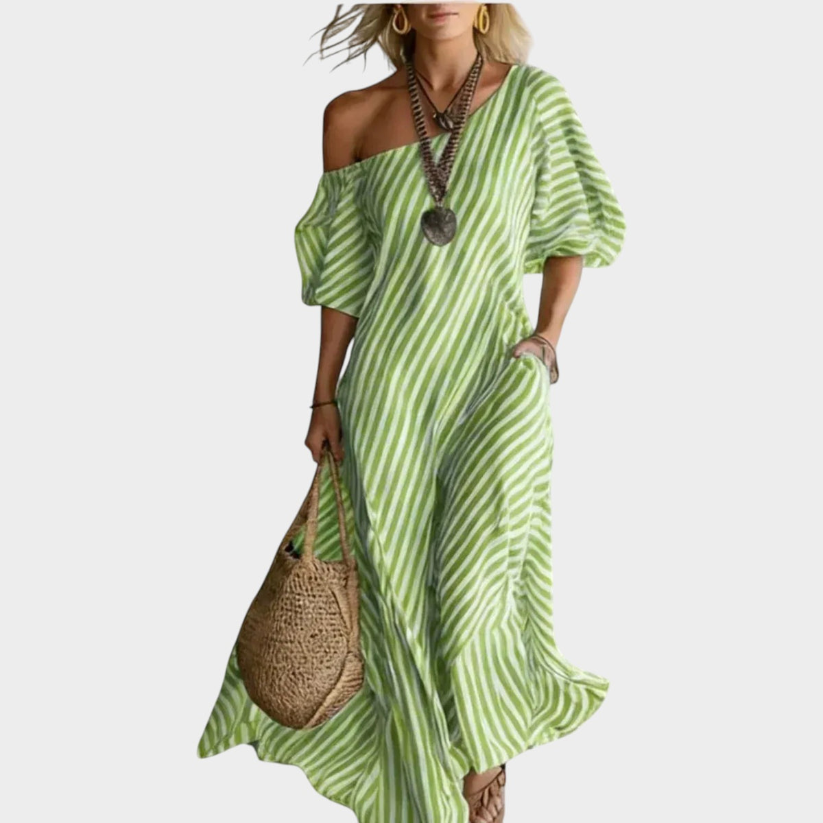 Women’s Striped Maxi Dress with One-Shoulder Neckline and Puff Sleeves