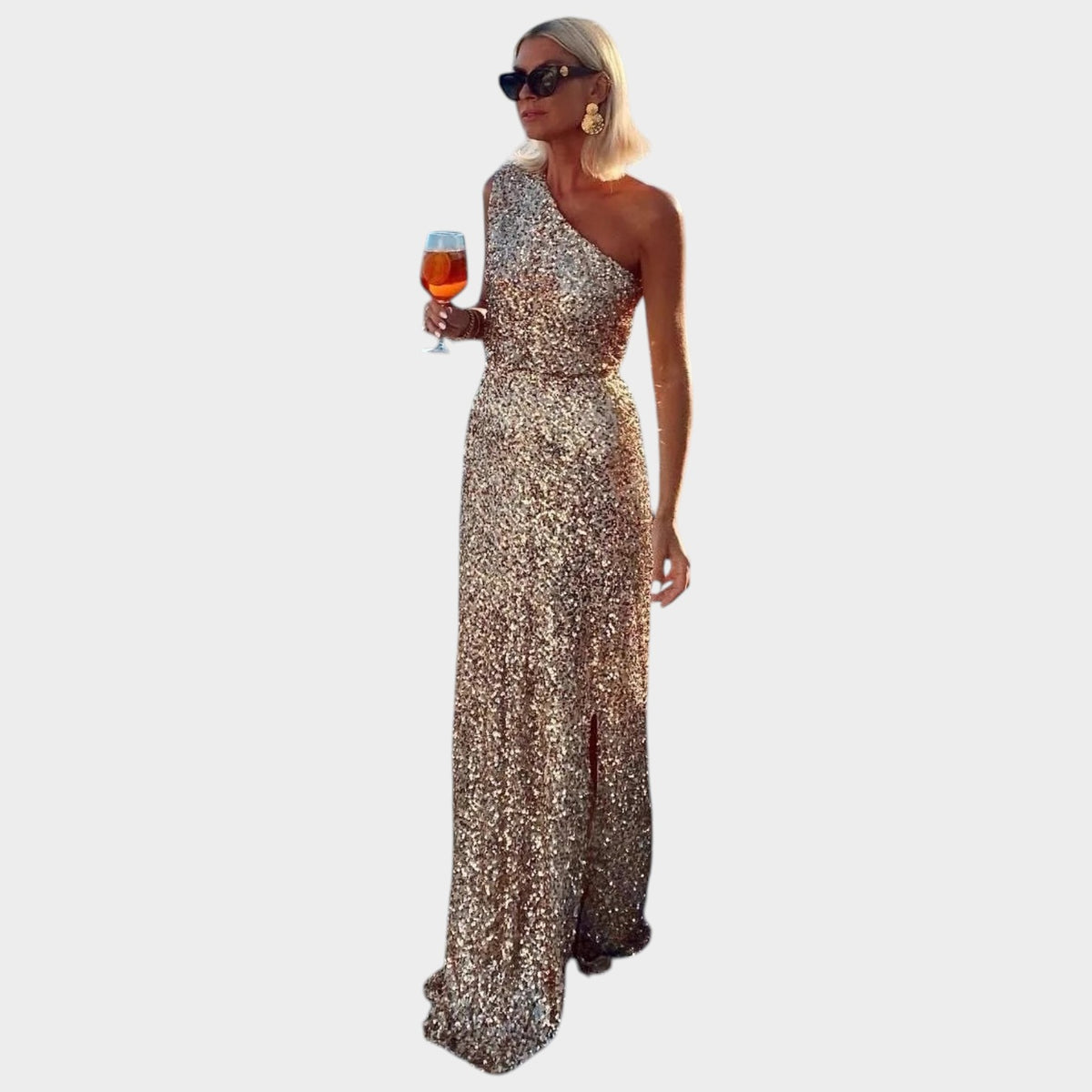 Women’s Sequin Maxi Dress with One-Shoulder Neckline and Side Slit