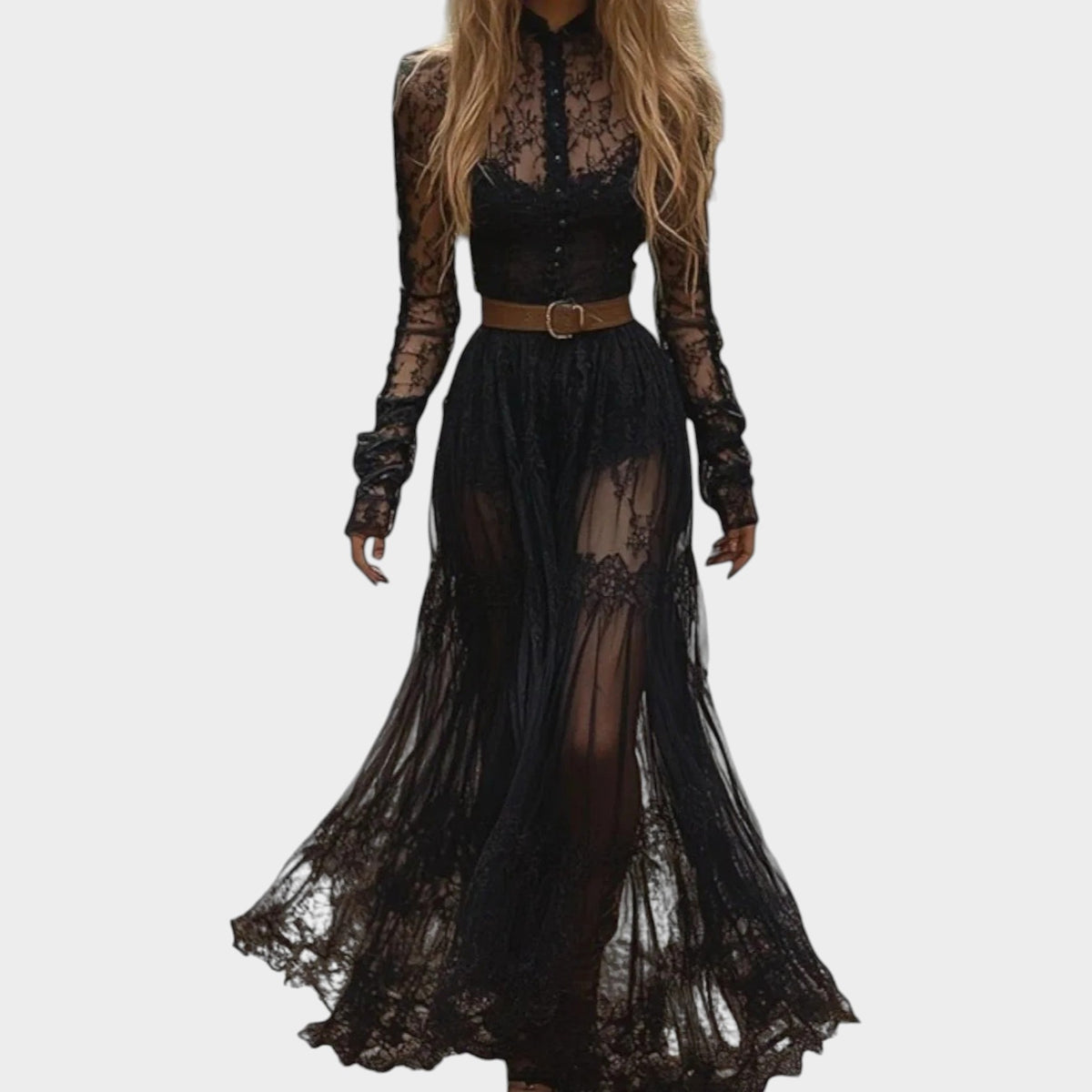 Women’s Lace Maxi Dress with High Neck and Sheer Long Sleeves