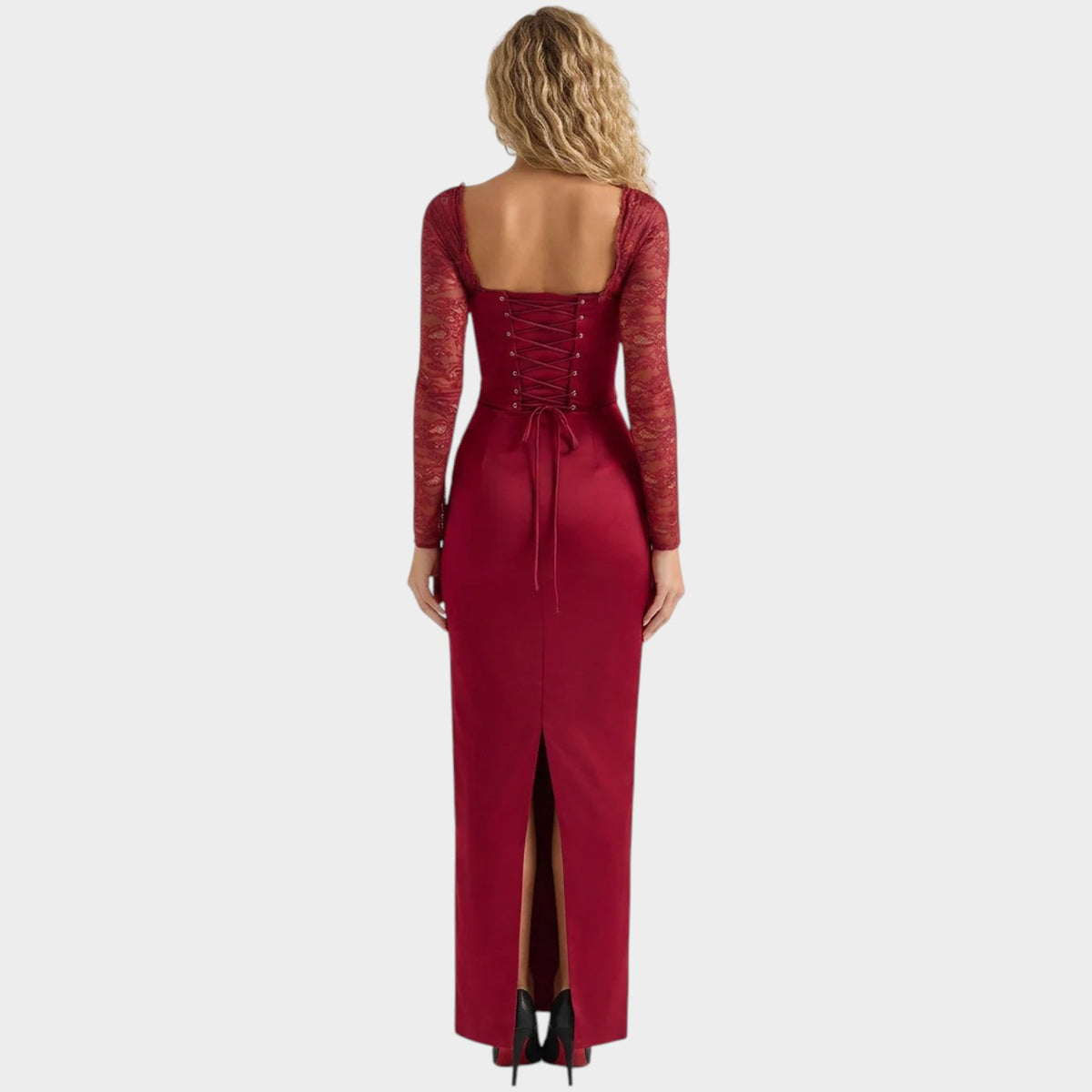 Women’s Satin-Look Corset Maxi Dress with Lace Sleeves and Sweetheart Neckline