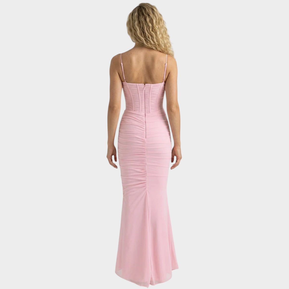 Women’s Mesh Corset Maxi Dress with Ruched Skirt and Butterfly Appliqué
