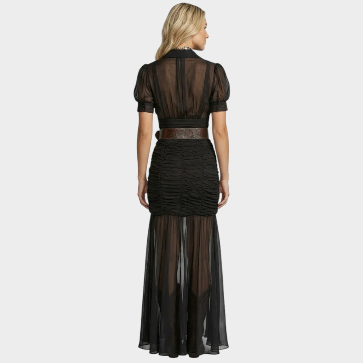 Women’s Sheer Maxi Dress with Puff Sleeves, Ruched Skirt and Thigh-High Split