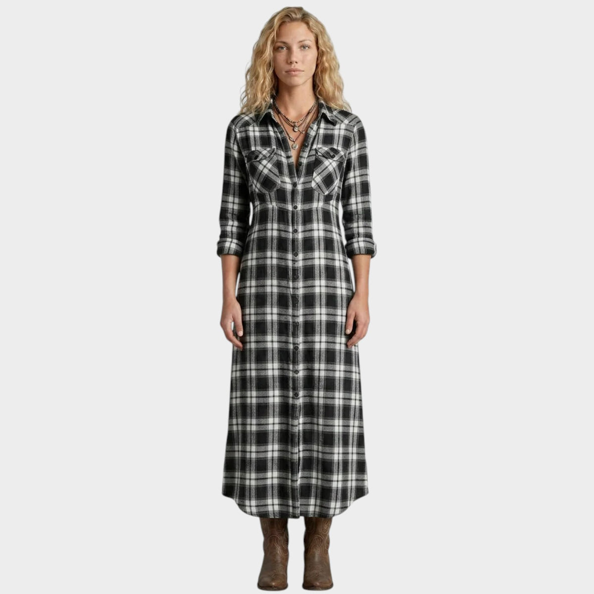 Women’s Plaid Shirt Maxi Dress with Button Front and Long Sleeves