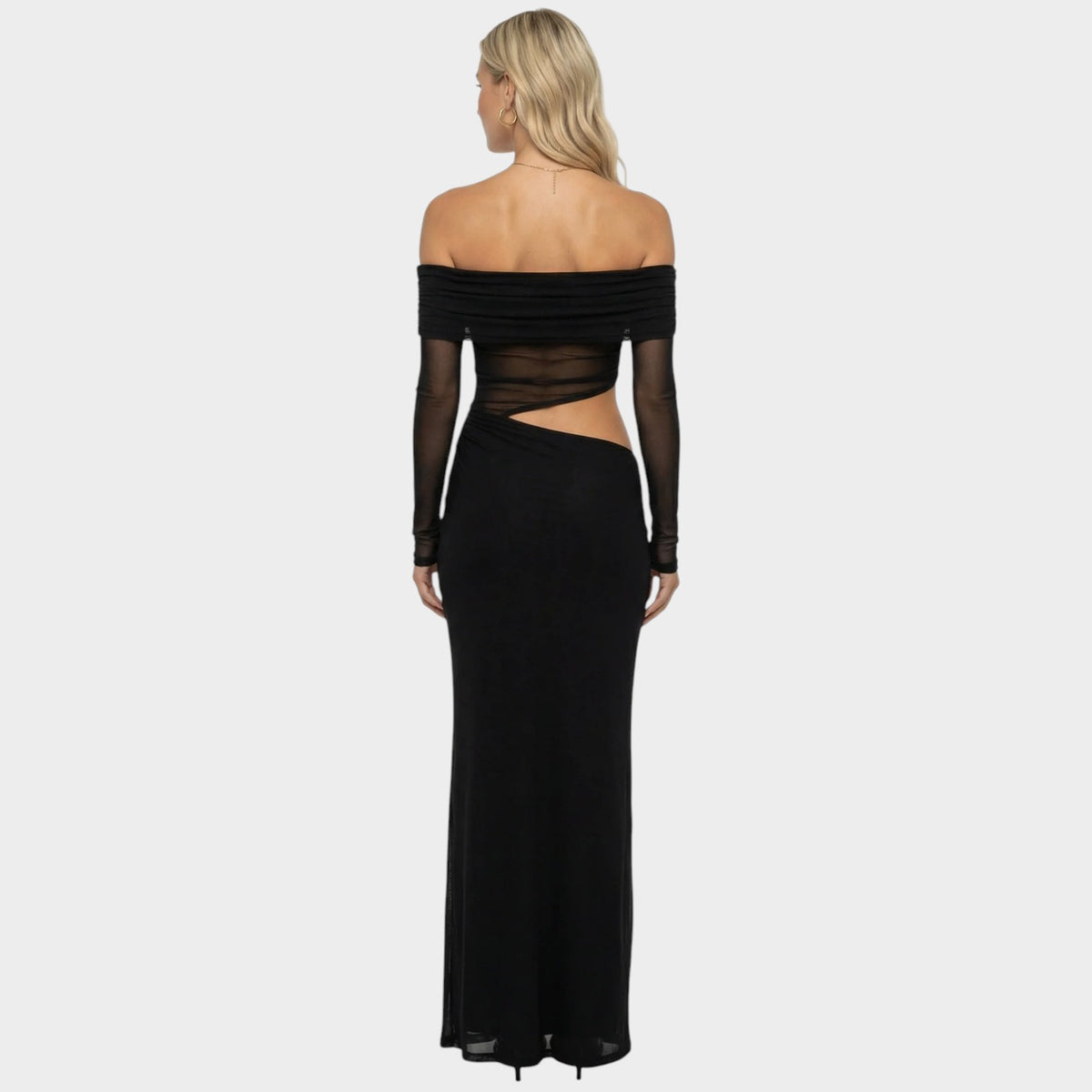 Women’s Off-Shoulder Maxi Dress with Sheer Long Sleeves and Side Cut-Outs