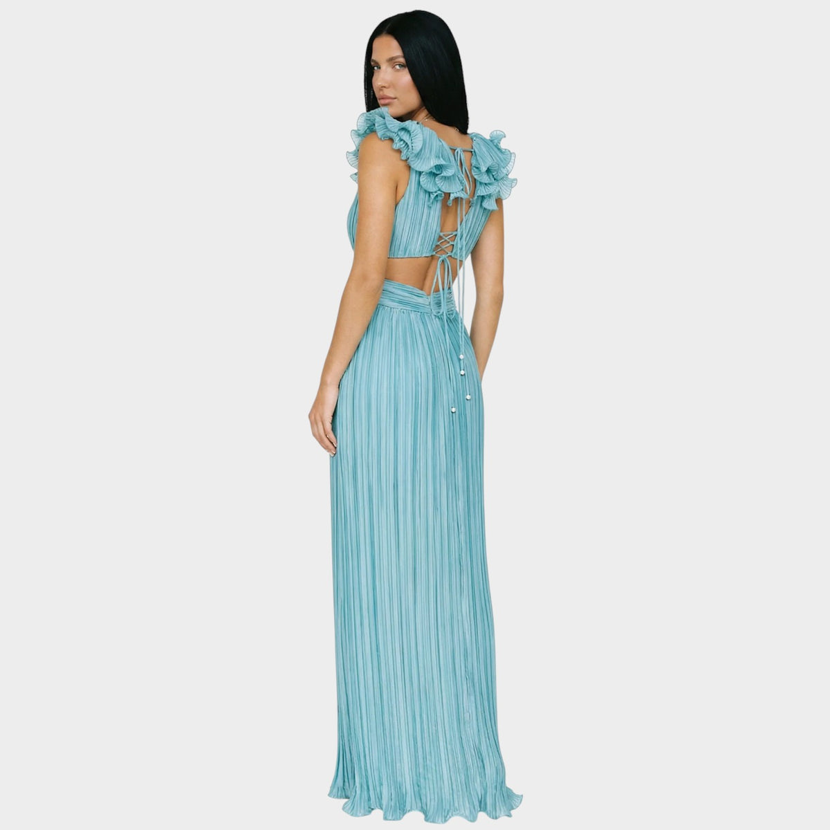 Women’s Pleated Maxi Dress with Deep V-Neck, Waist Cut-Outs and Ruffle Trim
