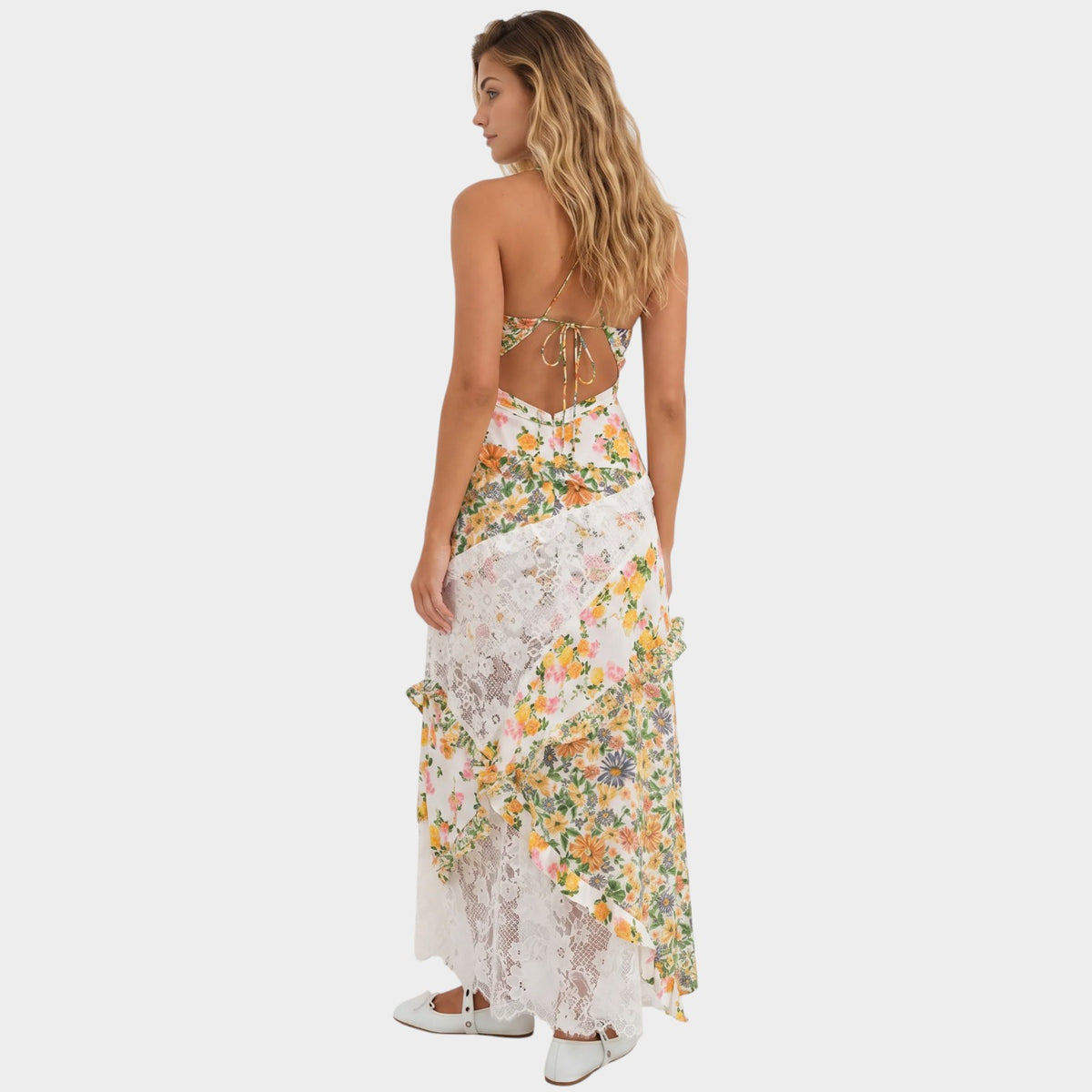 Women’s Floral Print Maxi Dress with Lace Panels V-Neck