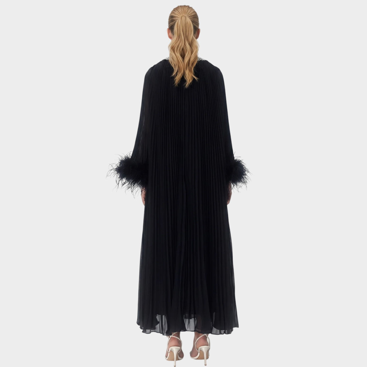 Women’s Pleated Maxi Dress with Embellished Keyhole Neckline and Feather Cuffs